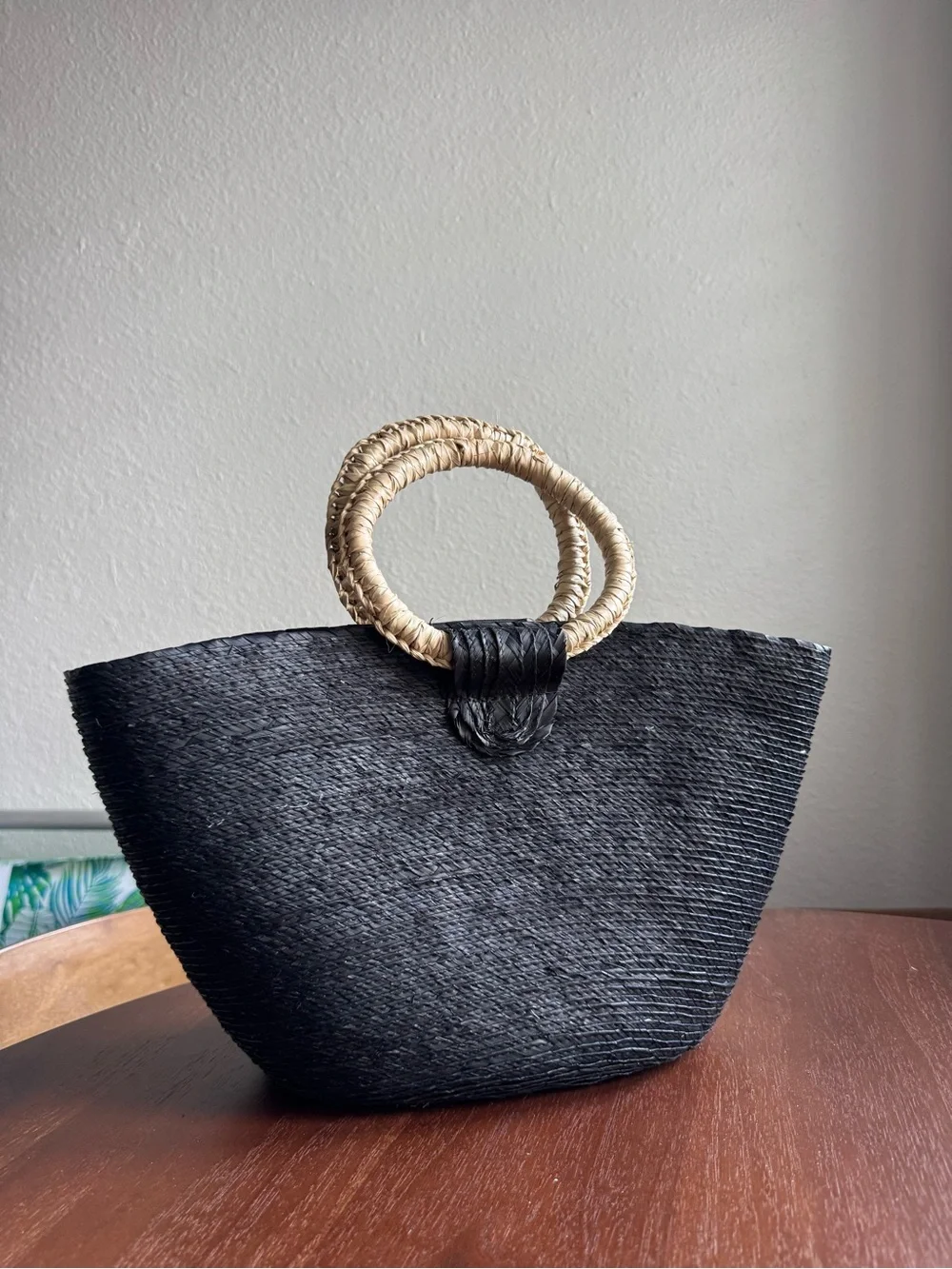 Black Woven Tote with Natural Ring Handles